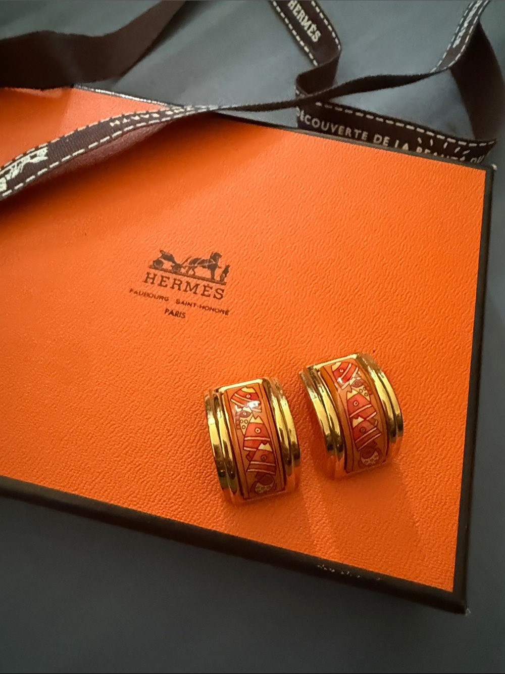 Hermes Gold and Orange Enamel and Metal Clip-on Earrings - Picture 7 of 8